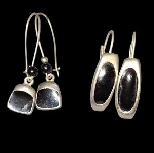 2 Prs Vintage Signed Silver Black Enamel Pierced Earrings Kerissa/KC
